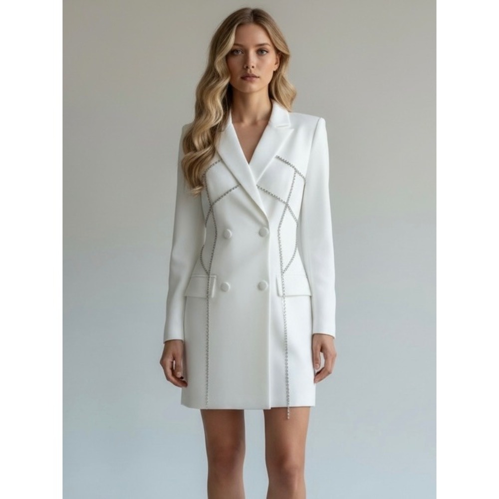 Valiant Paris White Rhinestone Chain Double Breasted Blazer Dress Made in France